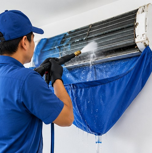 Technician jet-cleaning an air conditioner coil
