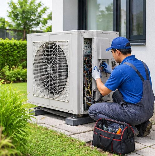 Technician maintaining an outdoor air-conditioning unit