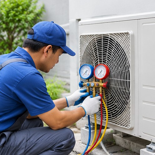Technician checking refrigerant pressure on an outdoor unit